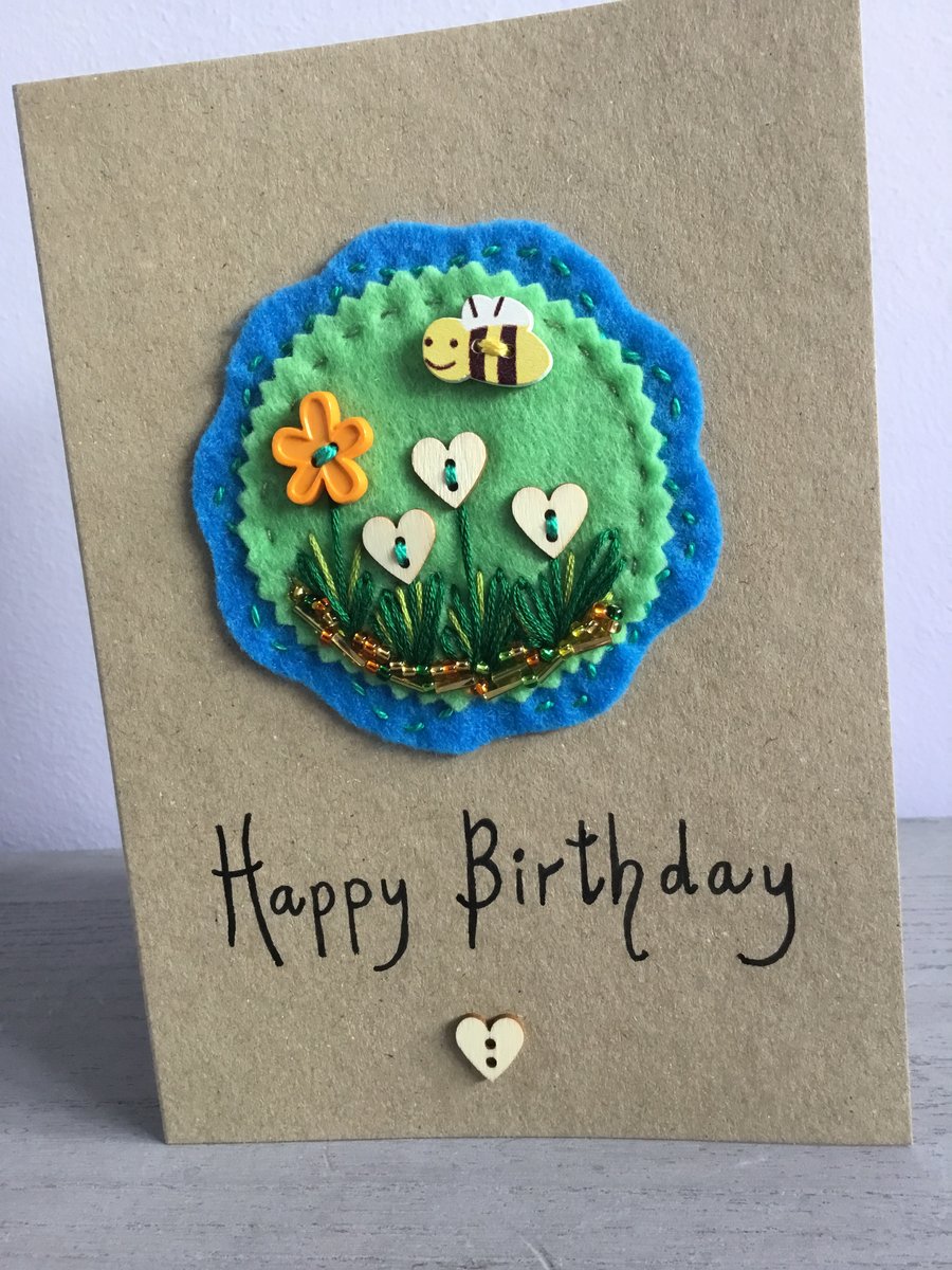 Embroidered Heartfelt Bee Birthday Card 