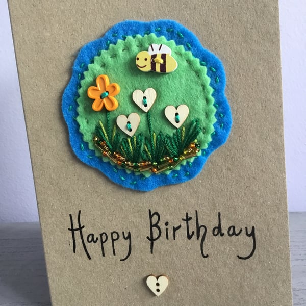 Embroidered Heartfelt Bee Birthday Card 