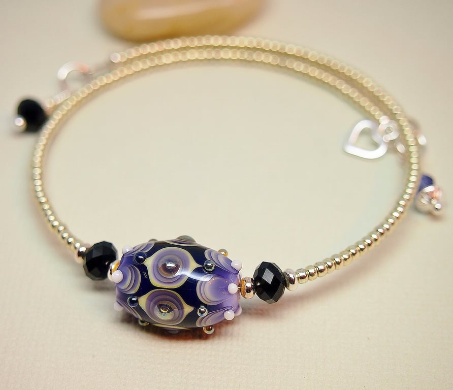 Black and Mauve Lampwork Glass Memory Wire Bracelet - Silver