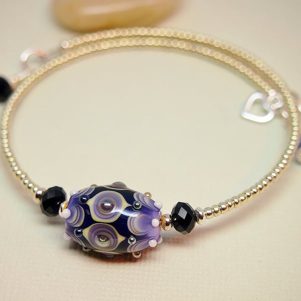 Black and Mauve Memory Wire Bracelet - Silver - Glass Bead
