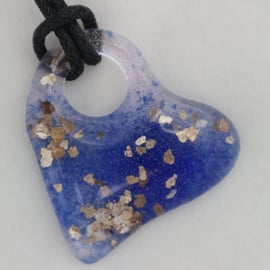 Handmade cast glass pendant - Heart of glass - blue tinted gold sparkle