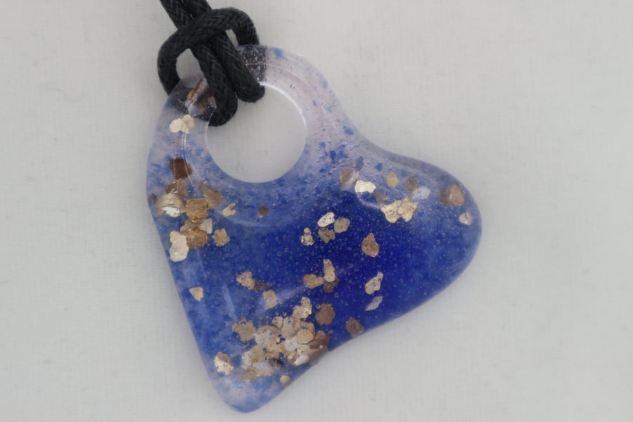 Handmade cast glass pendant - Heart of glass - blue tinted gold sparkle