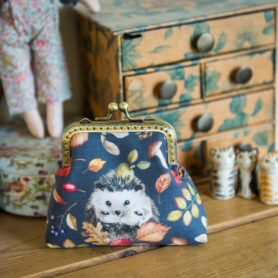 Purse - a frame coin purse featuring Autumnal hedghogs, fruits and leaves