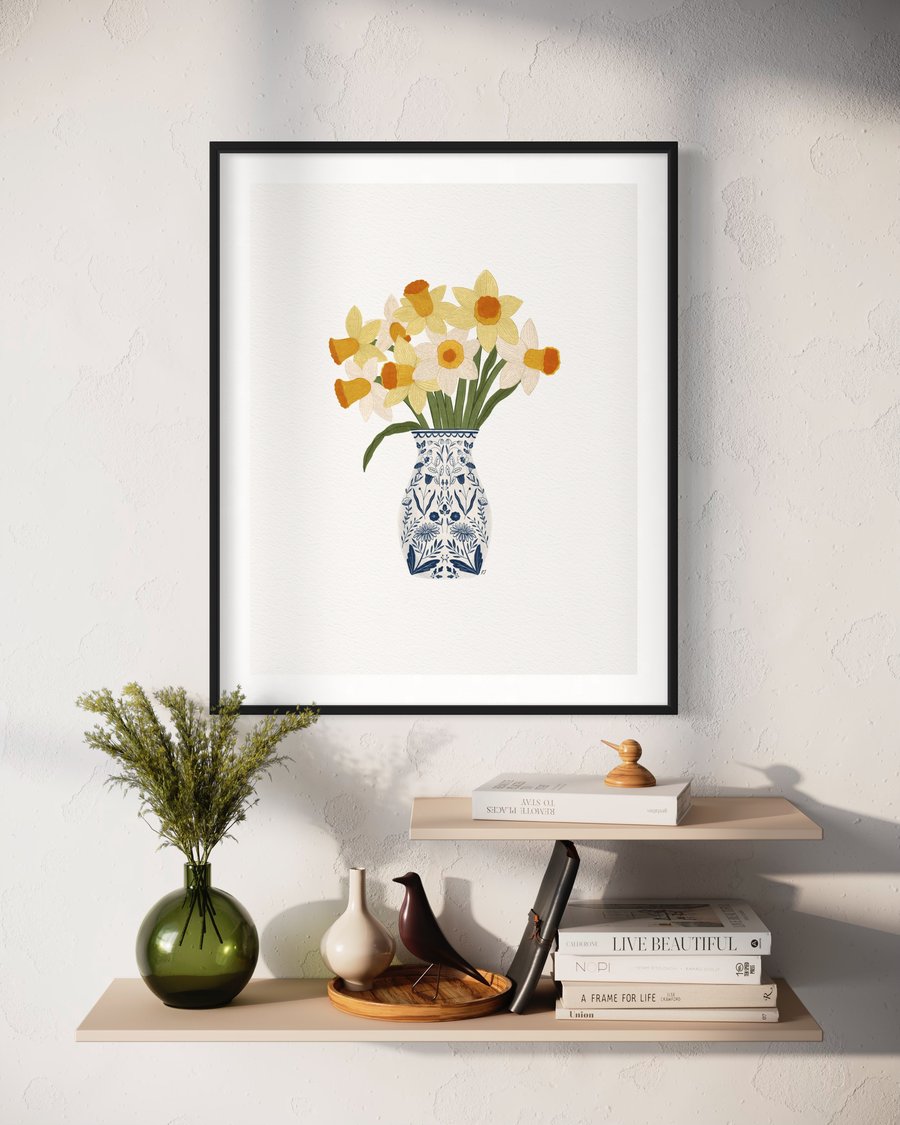 Daffodils in a Porcelain Vase Still Life Illustration A4 Art Print