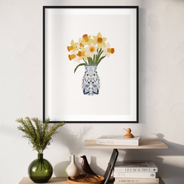 Daffodils in a Porcelain Vase Still Life Illustration A4 Art Print
