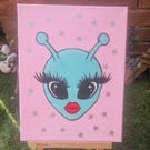 Alien Girl Acrylic Painting on Canvas - Handmade Space Art - Cute Kitsch 