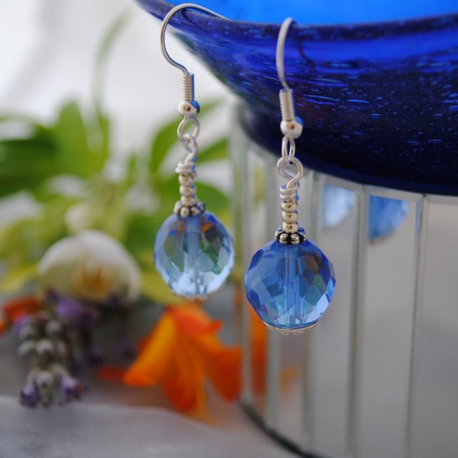 Sale-Sapphire blue & silver bead earrings