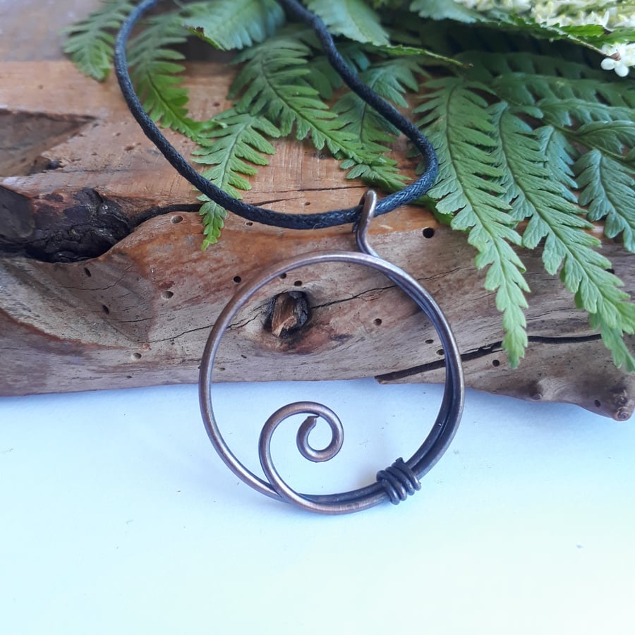 Copper Hoop Spiral Pendant, Necklace, Handmade jewellery, Viking, Celtic design
