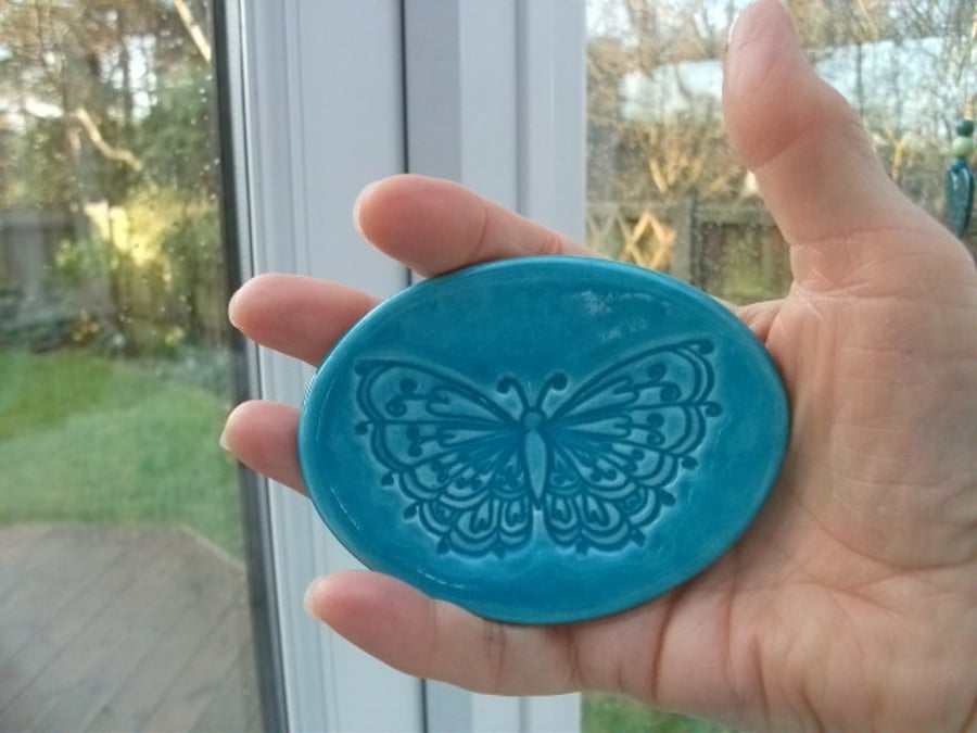 SALE -Ceramic turquoise trinket dish impressed with a butterfly design
