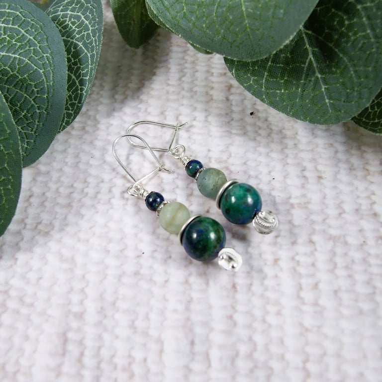 Earrings, Sterling Silver, Chrysocolla and Aquamarine Droppers