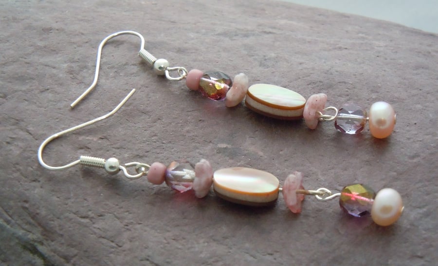 Freshwater pearl, shell & Czech glass bead drop earrings