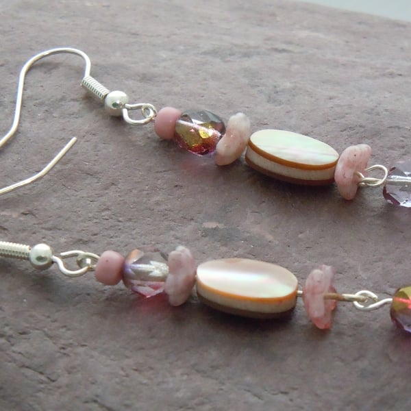 Freshwater pearl, shell & Czech glass bead drop earrings