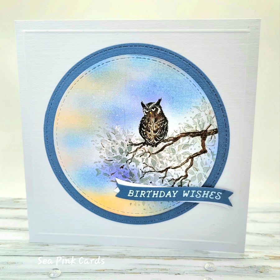 Owl Birthday Card - handcrafted, sunset, birthday wishes