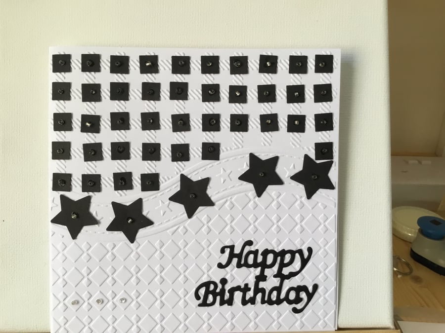 Stars and Squares Black and white embossed Birthday card. CC406