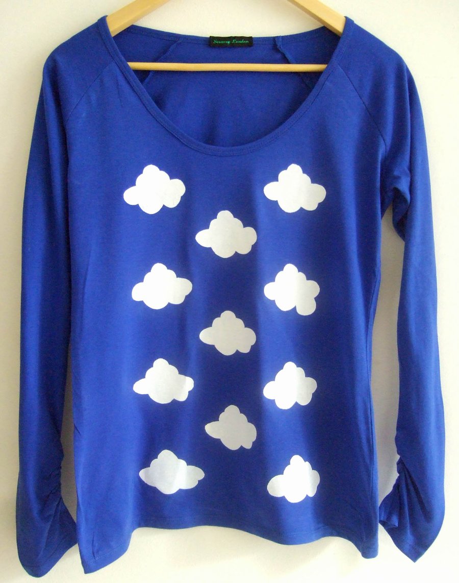 Cloud Womens  long sleeve printed cotton T shirt royal blue 