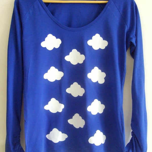 Cloud Womens  long sleeve printed cotton T shirt royal blue 