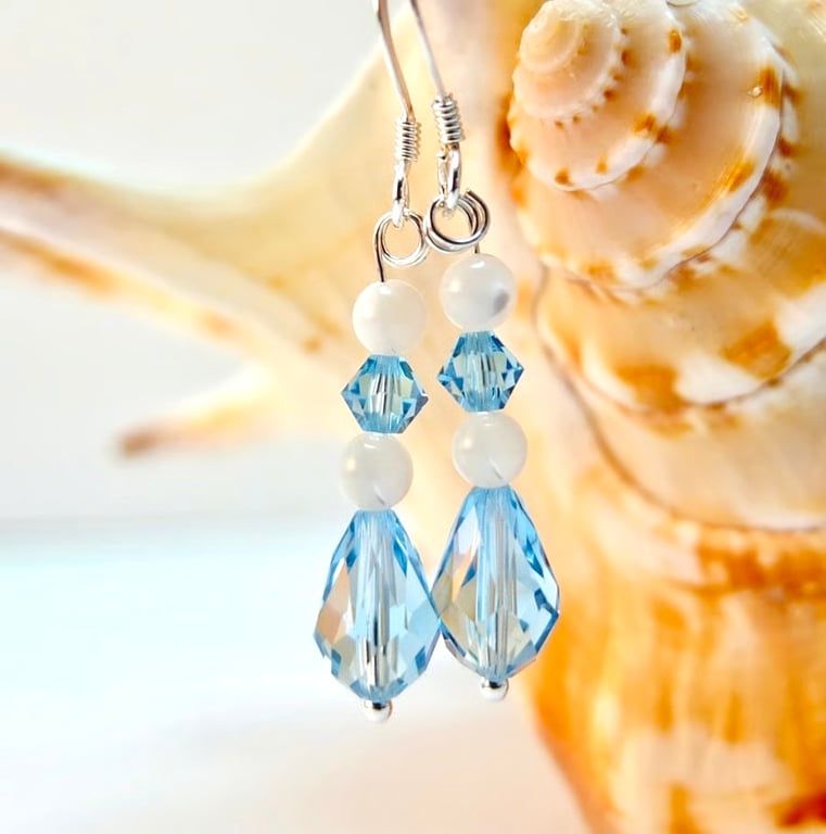 Aquamarine Swarovski Crystal Drops & Mother Of Pearl Sterling Silver Earrings.