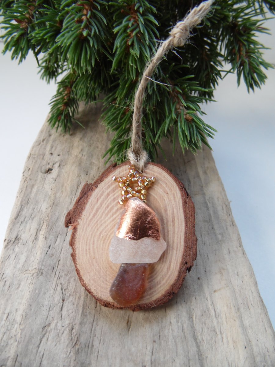 Sea Glass Copper Foil Christmas Tree Gold Beaded Star Christmas Decoration T085