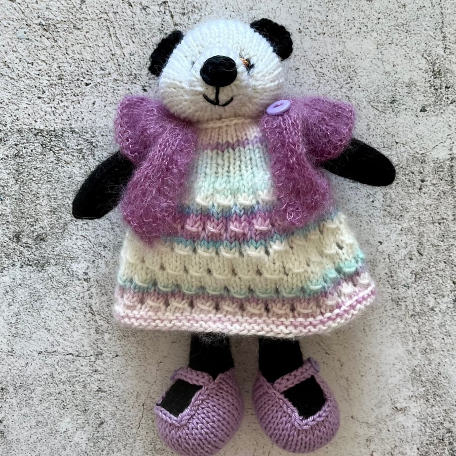 Panda in Multi-coloured Cotton Dress, Lilac Shoes and mohair bolero, 9” Tall