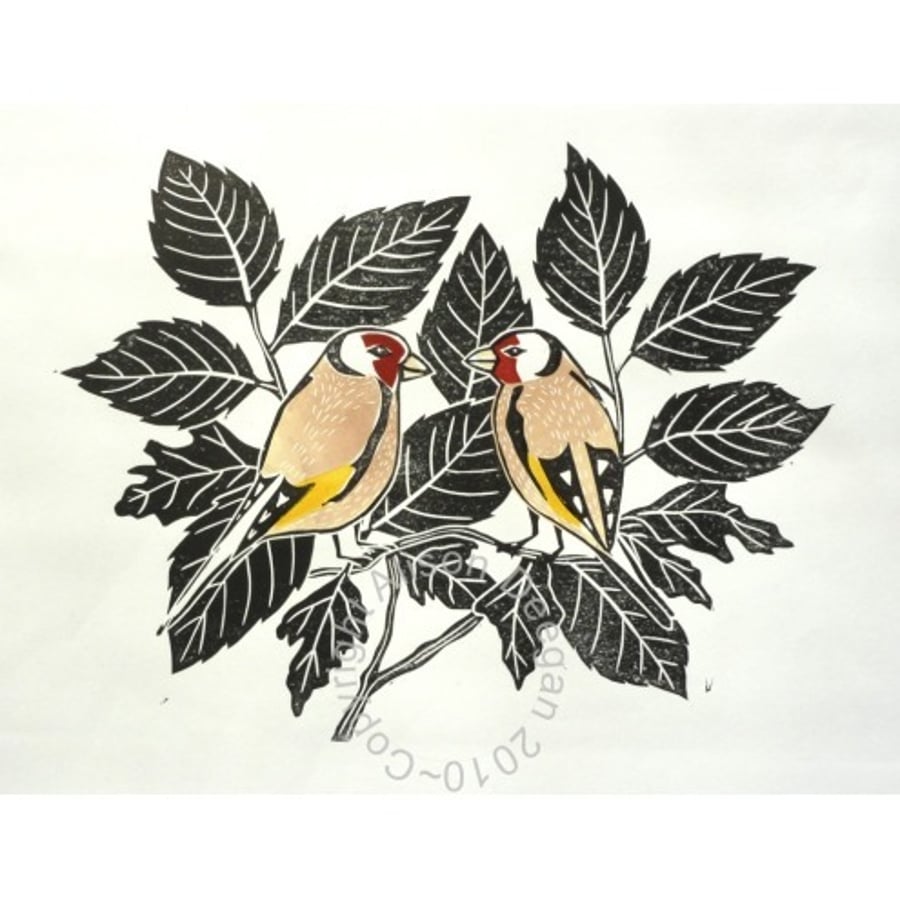 Original lino print "Goldfinches amongst the beech and hawthorn"