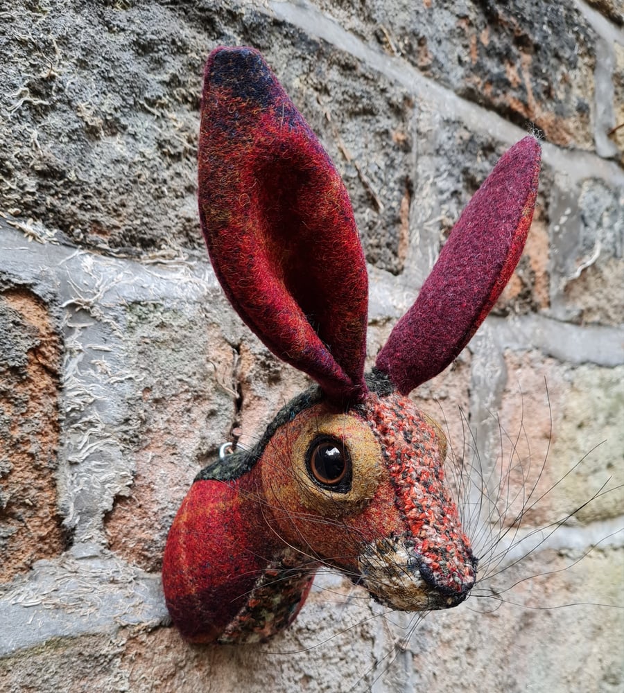 Faux hare head wall mount in Abraham Moon Skye Claret