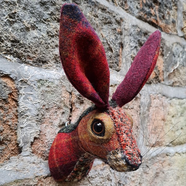 Faux hare head wall mount in Abraham Moon Skye Claret