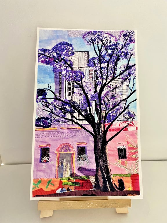 On the street, original art print of an embroidered textile collage