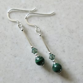 Elegant Green Natural Malachite Earrings With Sterling Silver Tubes