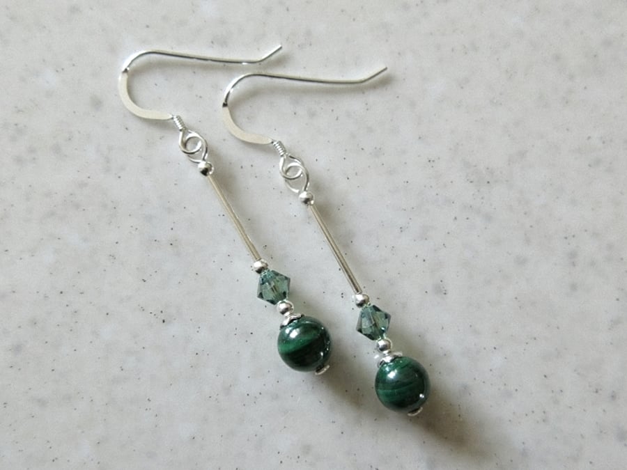 Elegant Green Natural Malachite Earrings With Sterling Silver Tubes