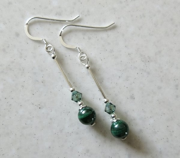 Elegant Green Natural Malachite Earrings With Sterling Silver Tubes