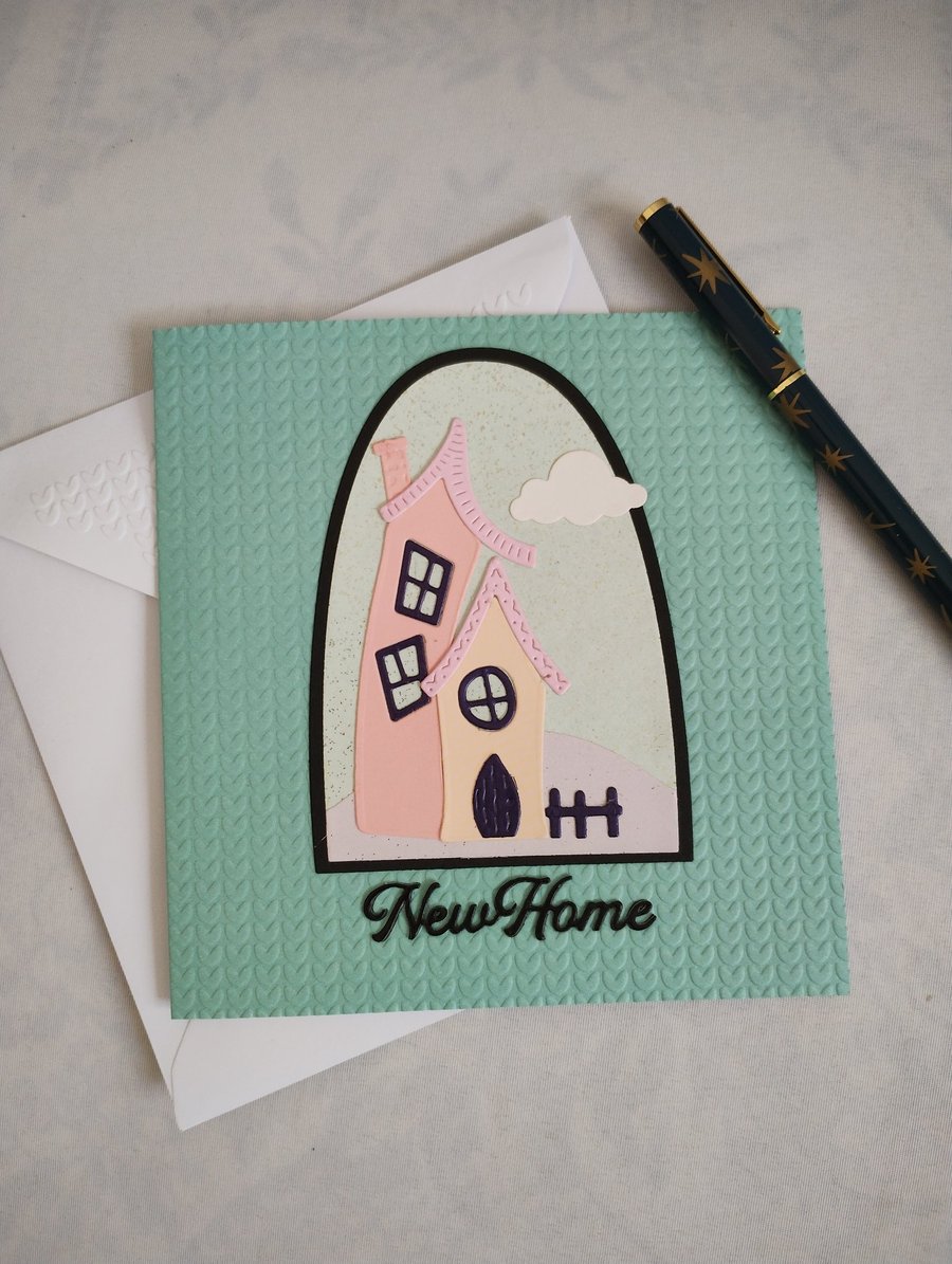 New Home Card - Whimsical House on a knitted effect embossed card  