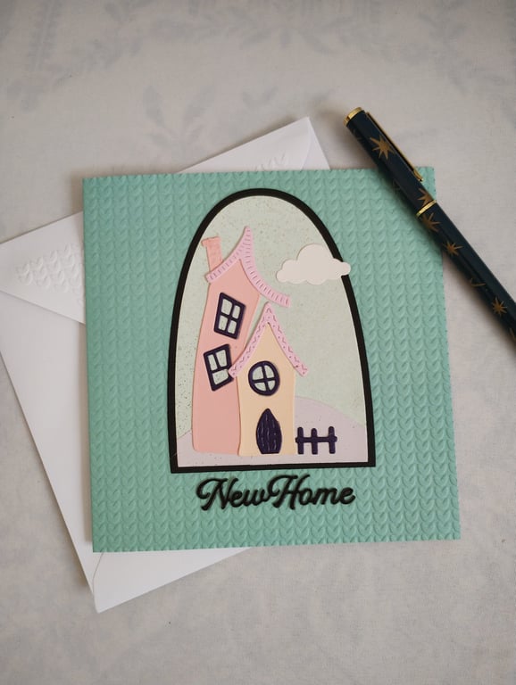 New Home Card - Whimsical House on a knitted effect embossed card  