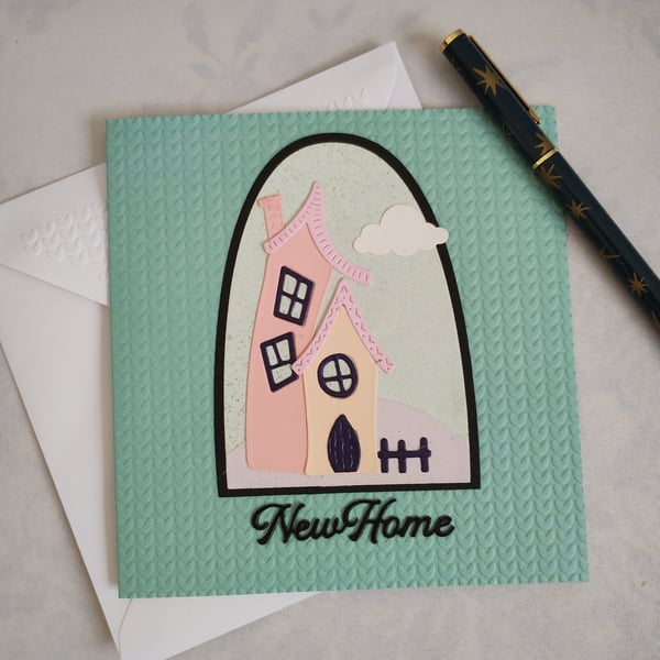 New Home Card - Whimsical House on a knitted effect embossed card  