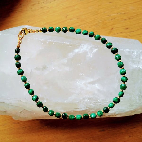 Genuine Malachite Green Gemstone Stacker Bracelet 8 Inch