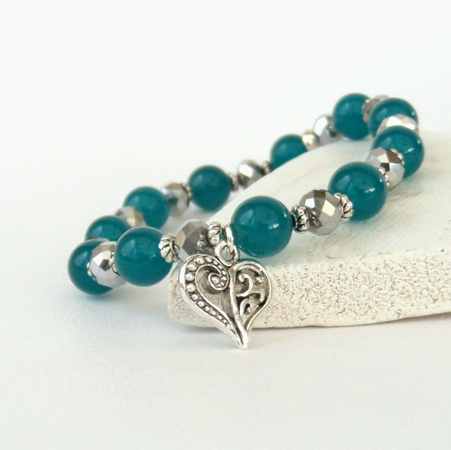 Teal jade and crystal stretchy bracelet