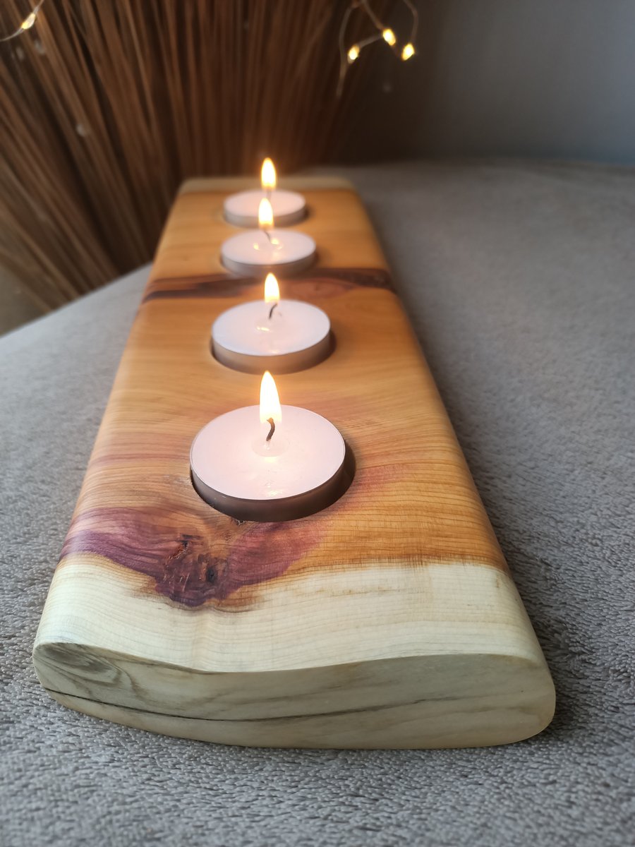 Unique solid wooden tealight holder yew wood orange and purple