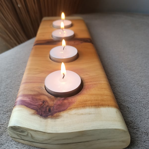 Unique solid wooden tealight holder yew wood orange and purple