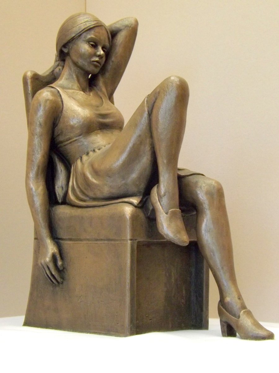 'Girl on a Chair' Realistic Female Bronze Resin Sculpture Domestic Size Statue