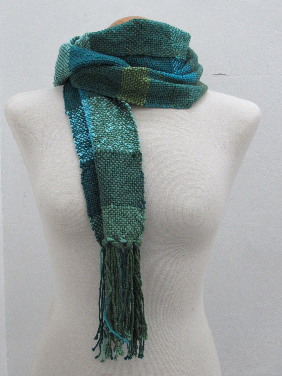 Turquoise and Green Handwoven Scrap Scarf