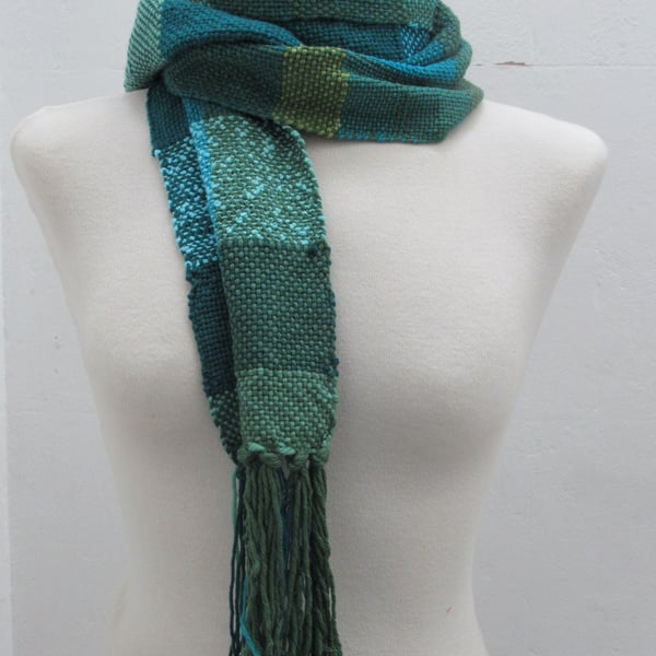 Turquoise and Green Handwoven Scrap Scarf