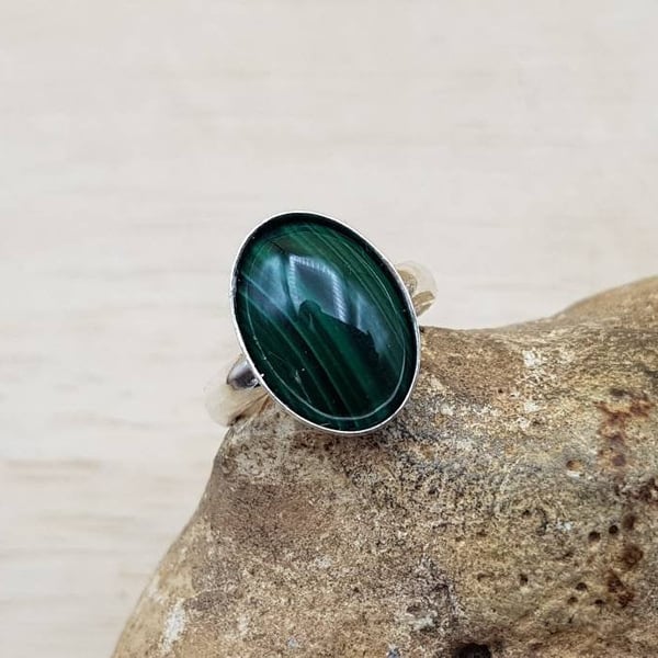 Simple oval Malachite ring. Women's Adjustable ring. 14x10mm