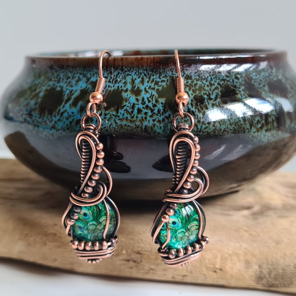 Peacock Feather Glass & Copper Bird Dangle Wire Wrap Earrings Gift Jewellery 