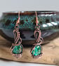 Peacock Feather Glass & Copper Bird Dangle Wire Wrap Earrings Gift Jewellery 