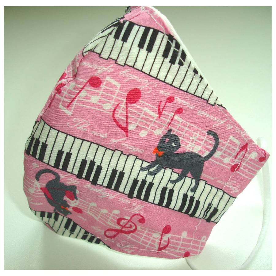 Cat Face Mask Cats and Piano Keyboard Pink and Grey