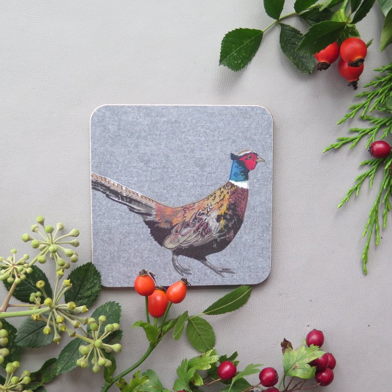 Pheasant coaster, melamine, cork backed