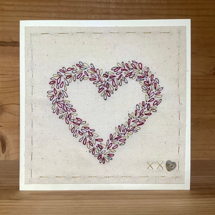 Sparkling Red and Gold beaded heart hand embroidered card 