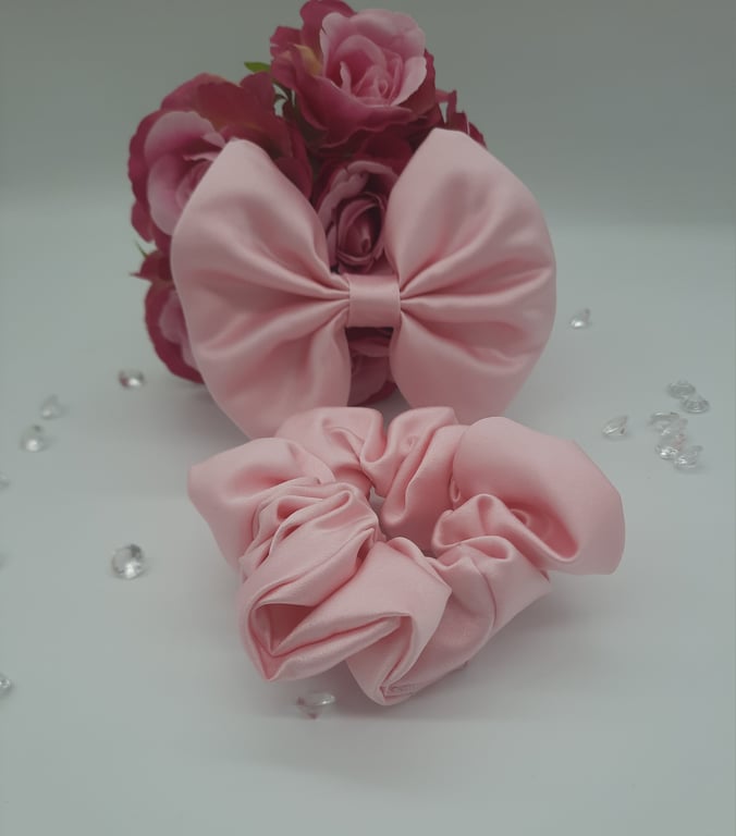 Pink satin hair bow and scrunchie set.  