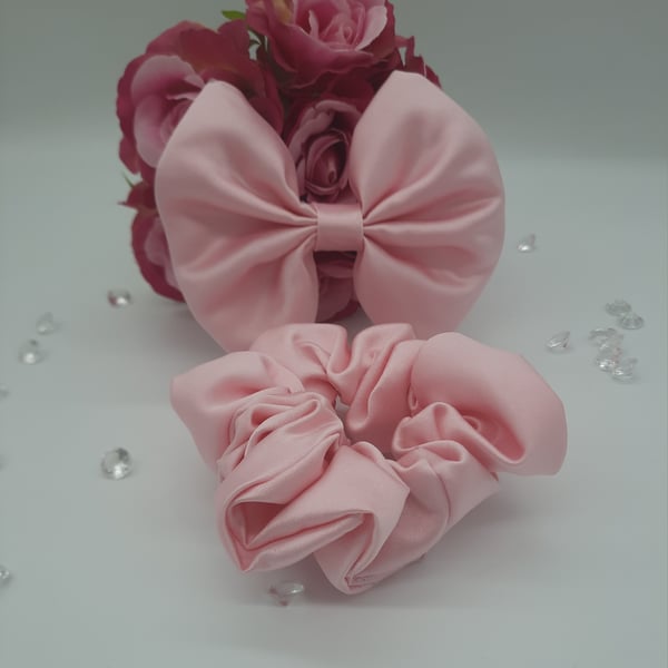 Pink satin hair bow and scrunchie set.  
