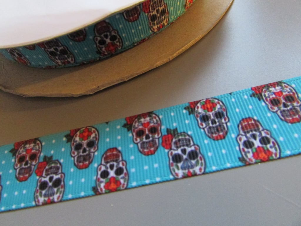 Blue Gothic Sugar Skull Grosgrain Ribbon 2.2cm x 1 Metre