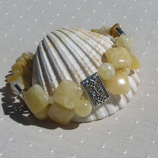 Honey Quartz & Yellow Jade Gemstone Chunky Cuff Bracelet "Joy" - SALE PRICE